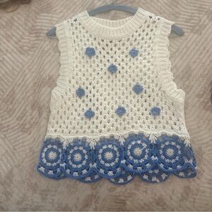 Zara White and Blue Crochet Tank Top